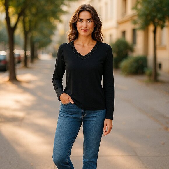 AUGUST SILK SZ L Black Long-sleeved Silk blend Pullover Sweater w/Sequins& beads - Picture 1 of 8